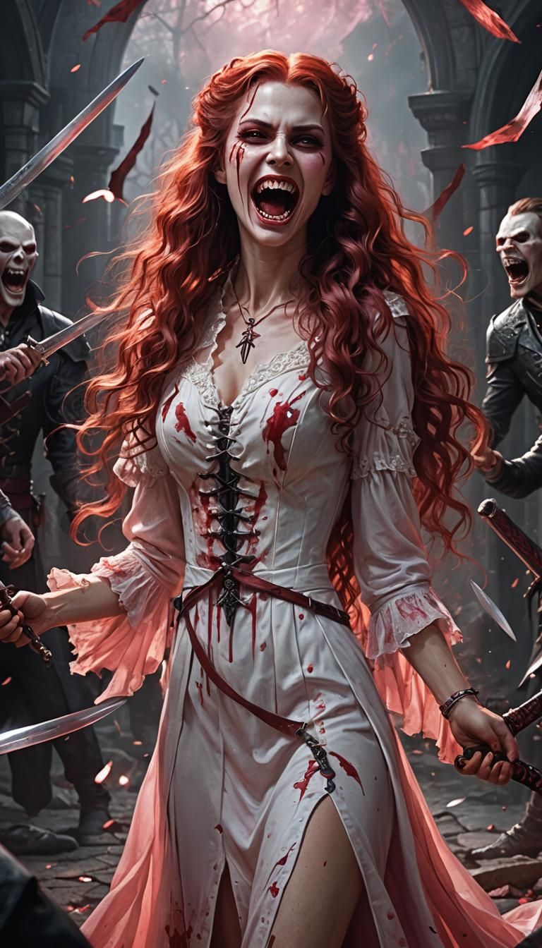 Vampire Woman in Bloody Battle, Detailed Digital Art