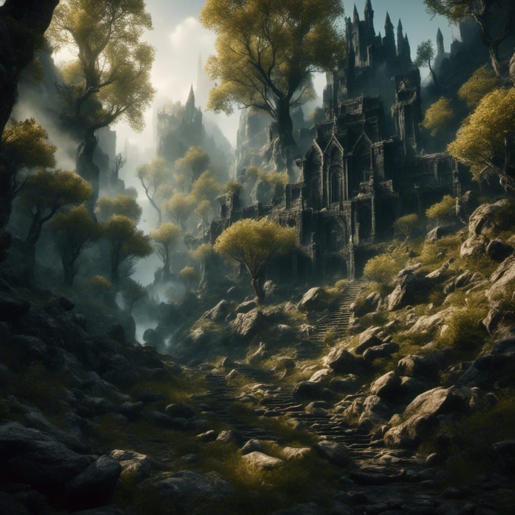 Sunlit Forest in Dark Medieval Landscape