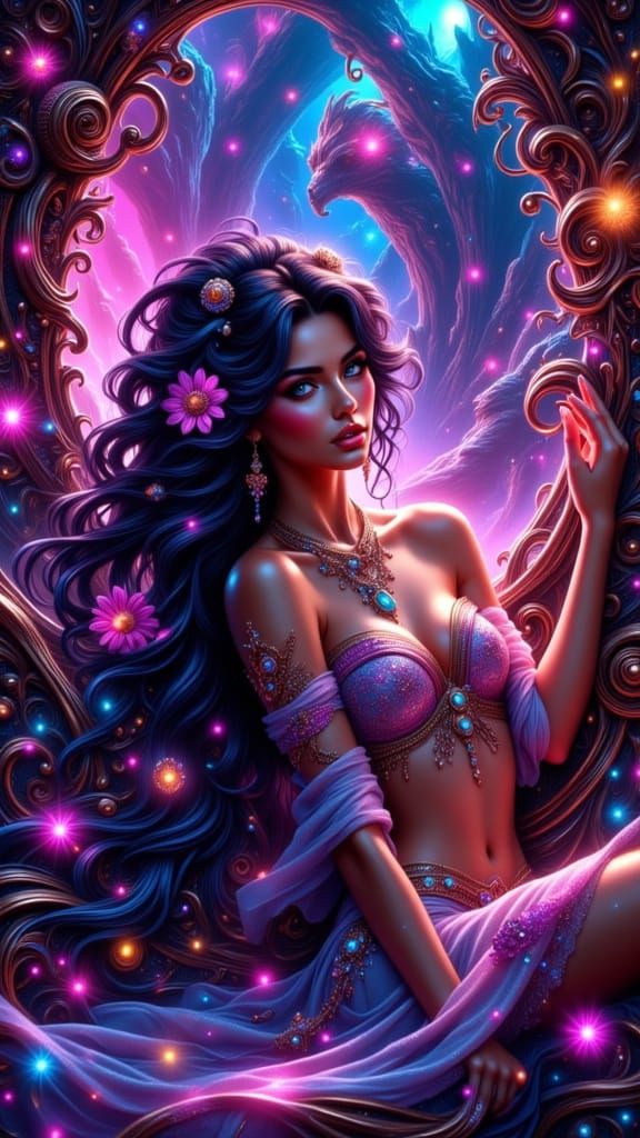 Elegant Woman in Art Nouveau Steampunk Dreamscape