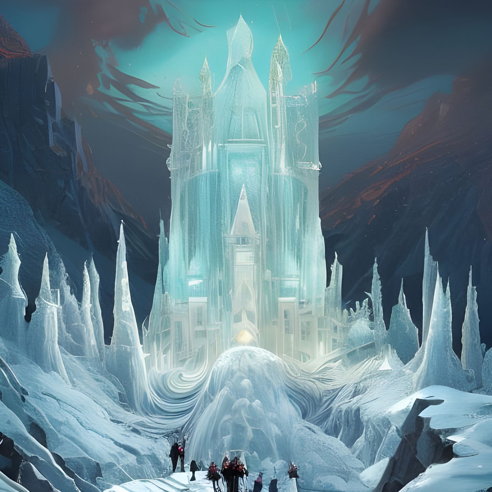 Intricate Ice Castle on Mountain, Art Nouveau Style