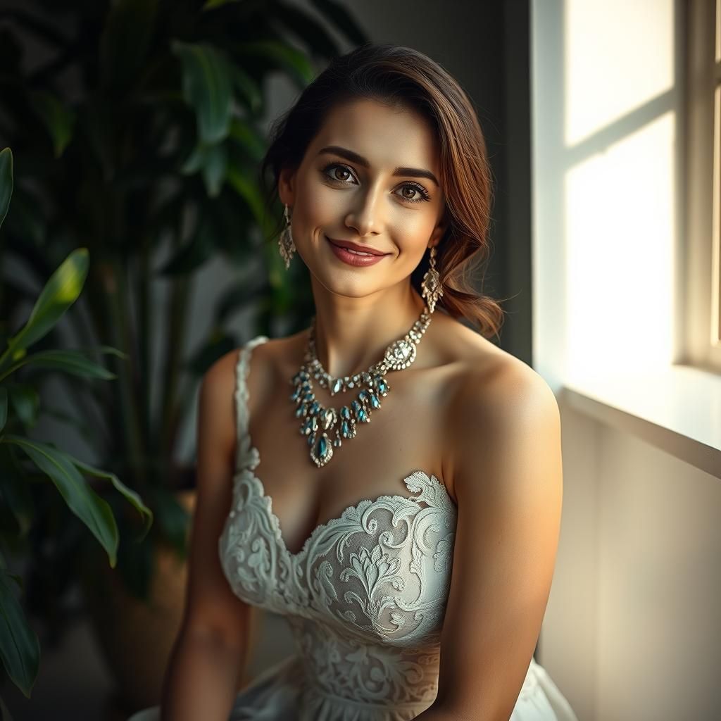 Porcelain Beauty Smiling, Photorealistic with Golden Light