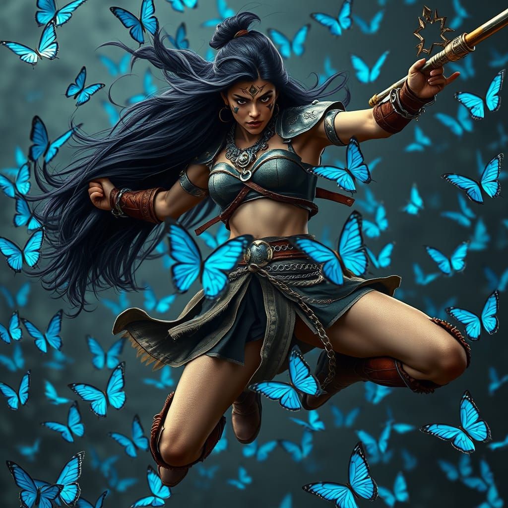 Realistic Female Warrior Dancing with Fauchard in Iridescent...