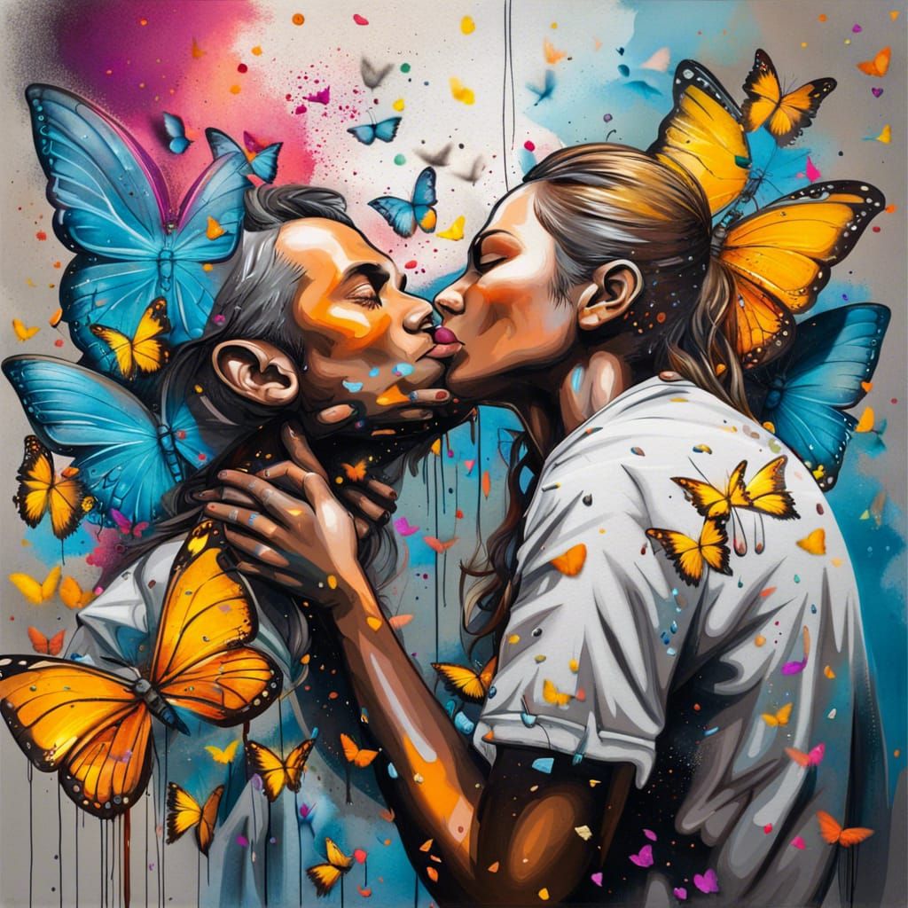 Kissing Angel in Butterfly Flight: Graffiti Art