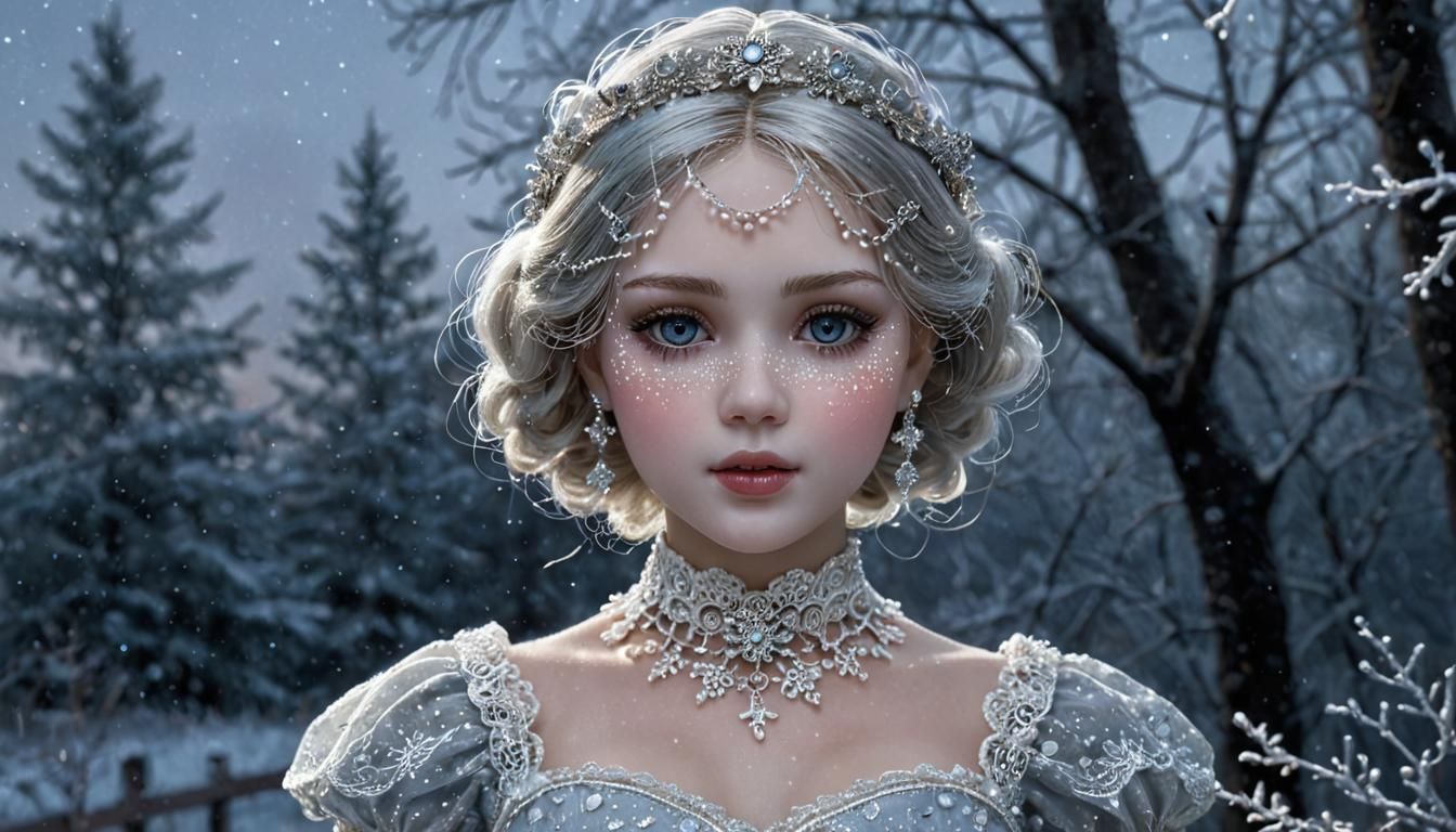 Glass Doll Portrait in Sparkling Snow Scene