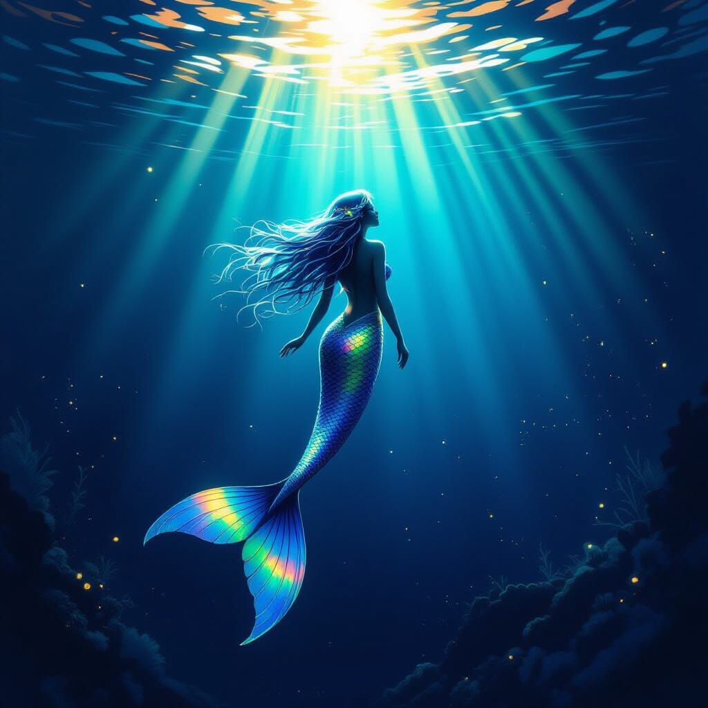 Luminous Mermaid in Dark Abyss with Sun Rays