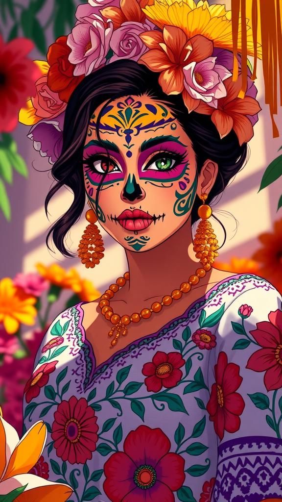 Day of the Dead Woman in Anime Style