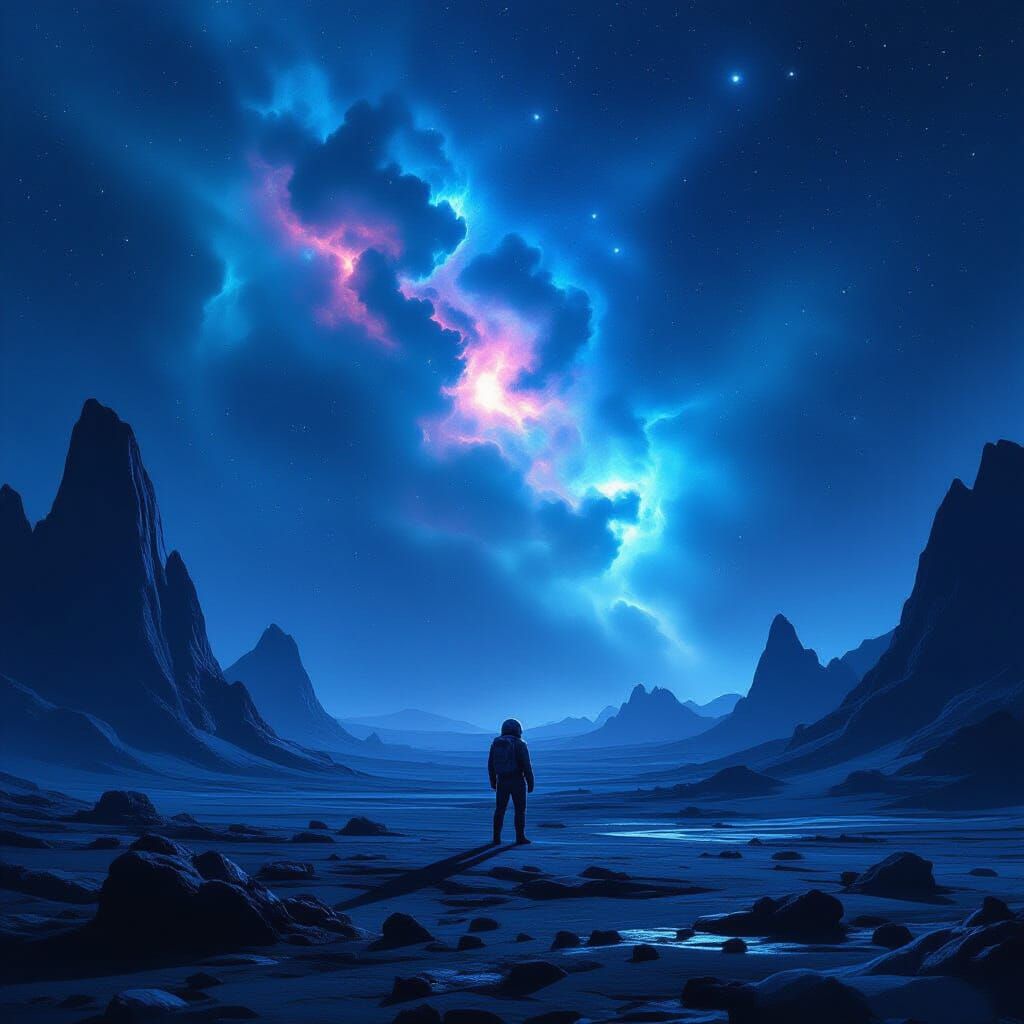 Astronaut Gazes at Alien Nebula in Cosmic Horror Style
