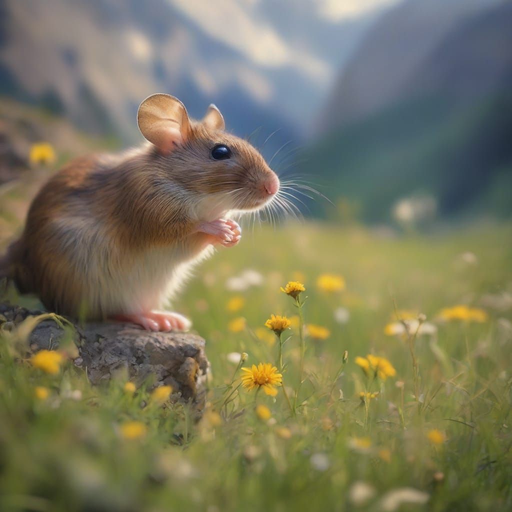 Mouse Exploring Swiss Alps in Summer Oil Painting