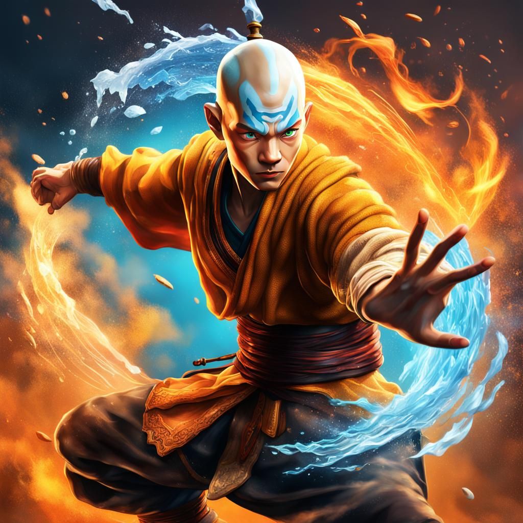 Hyperrealistic Aang Bending Elements in Splash Art Style