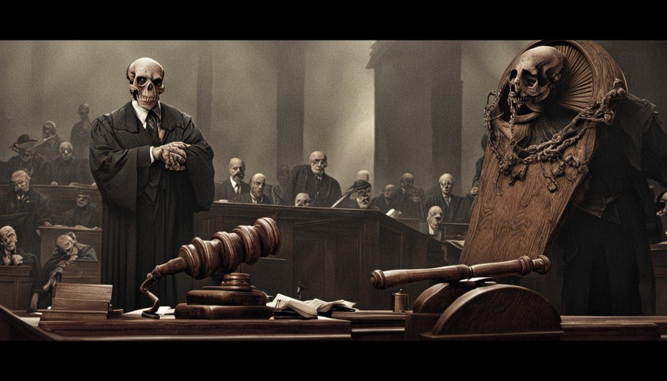 Monstrous Judge with Clockwork Jury in Crumbling Courtroom