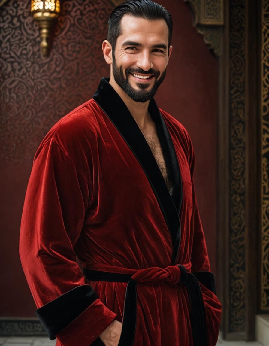 Serene Man in Red Velvet Bathrobe Portrait