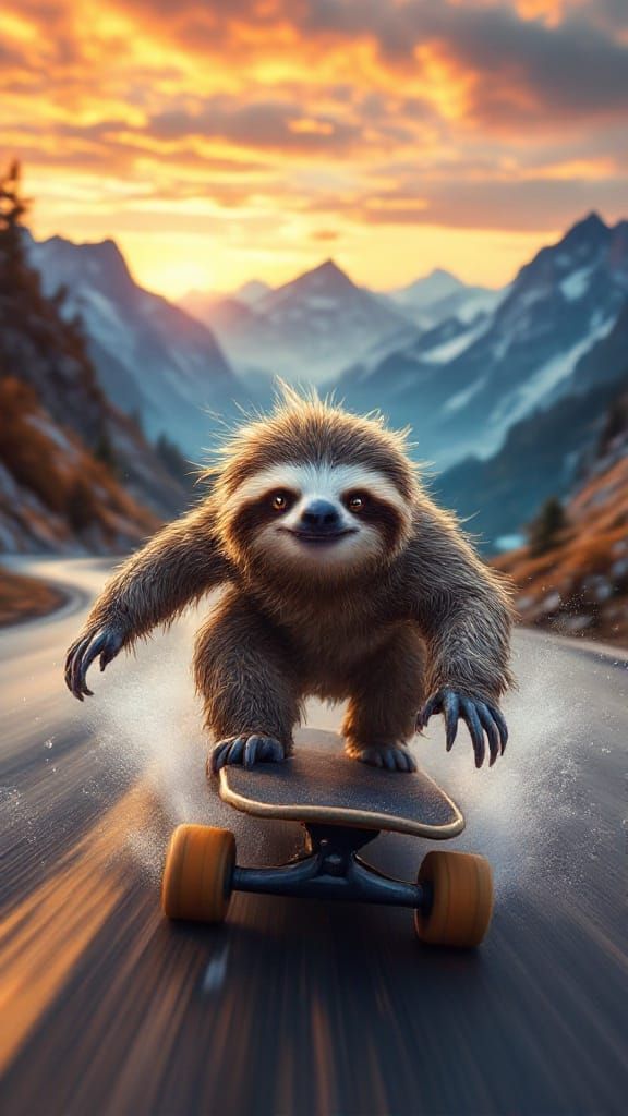 Sloth Surfs Down Mountain Road at High Speed