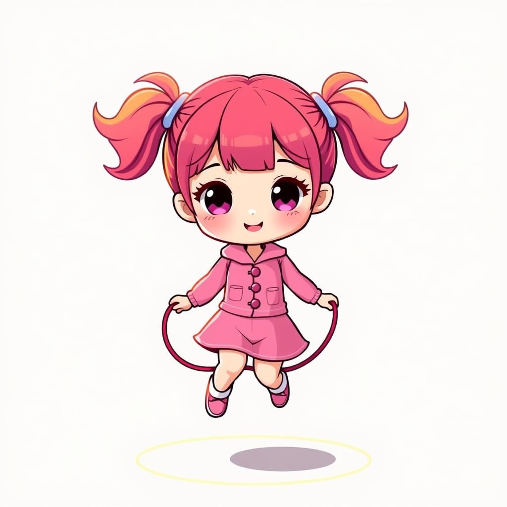 Adorable Chibi Girl with Rainbow Pigtails Jumping Rope
