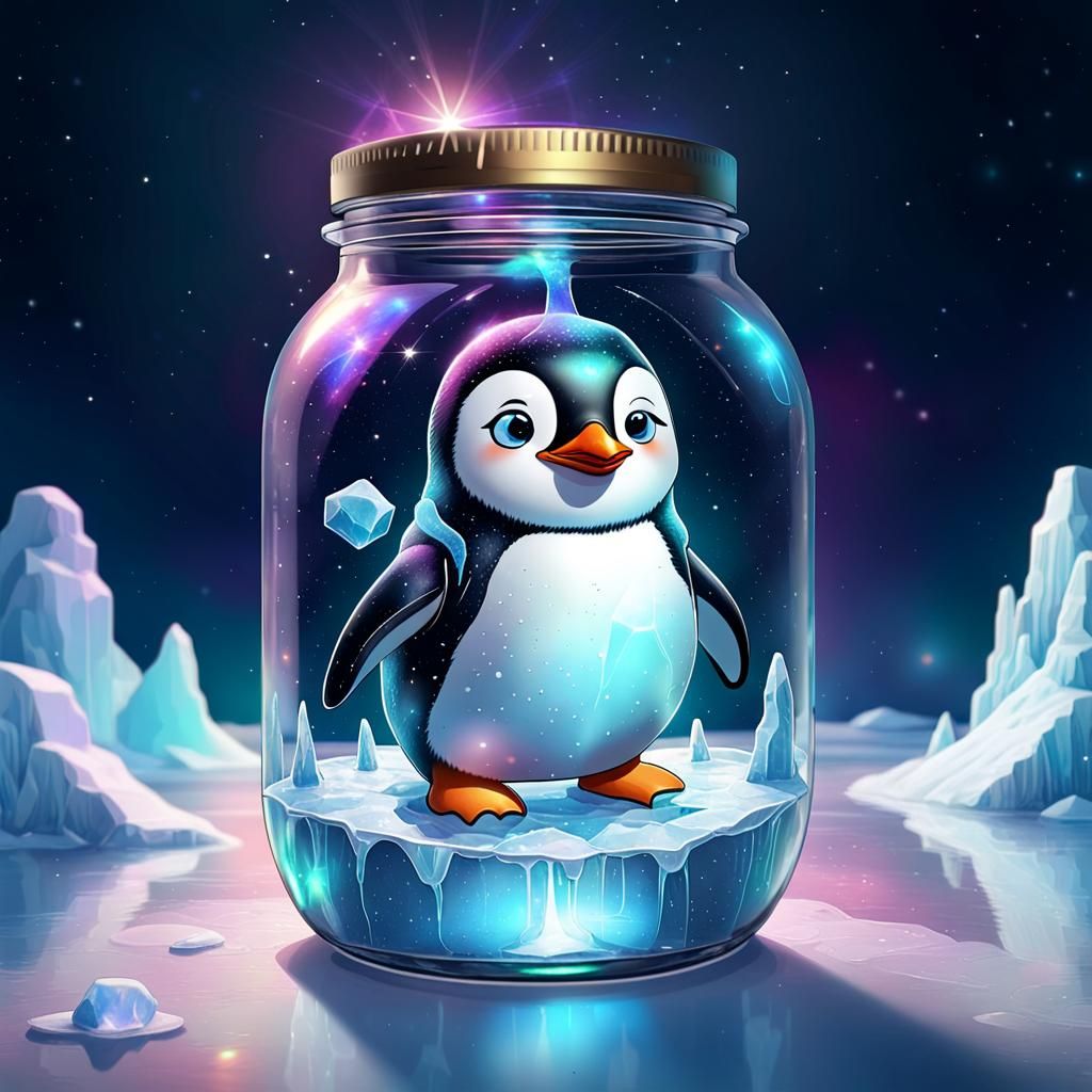 Penguin in a Jar: Surreal Cosmic Illustration