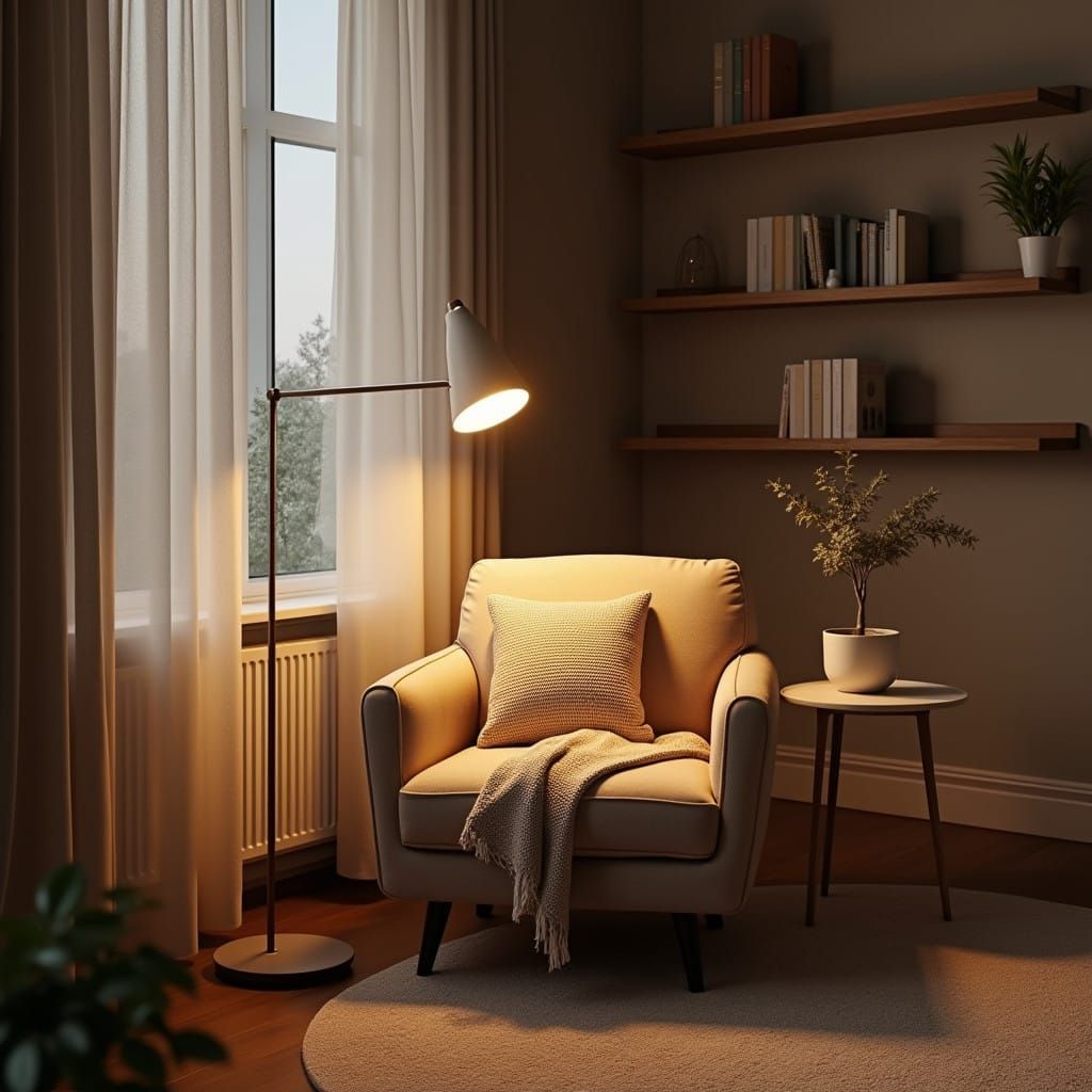 Cozy Scandinavian Reading Nook in Warm, Golden Light