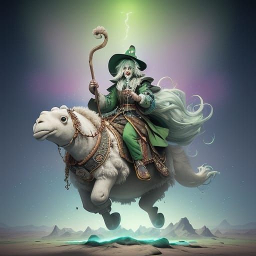 Whimsical Witch Rides Marshmallow Camel in Pastel Desert