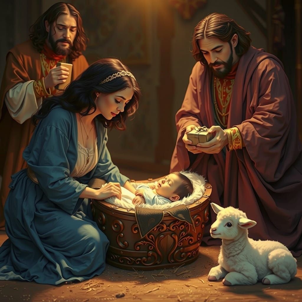 Golden Manger Scene in Pre-Raphaelite Style