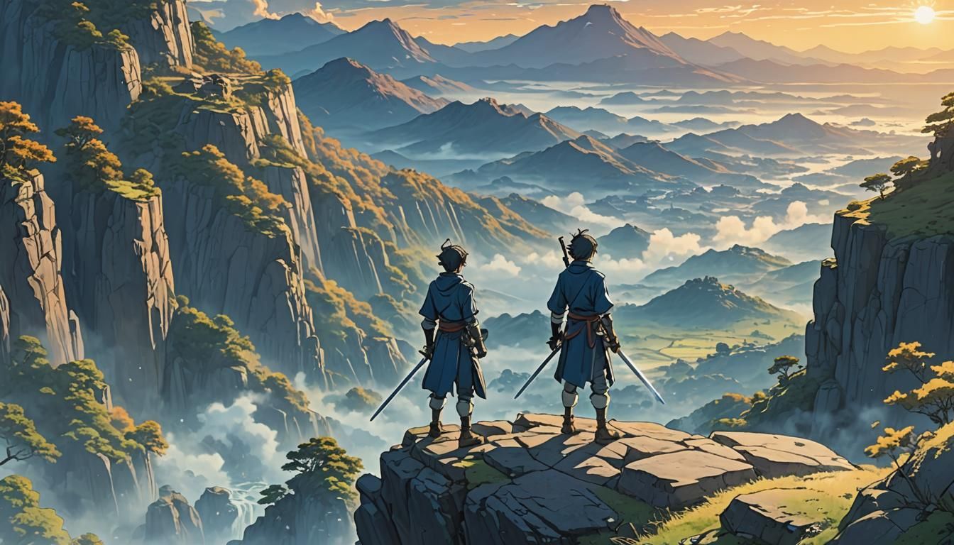 Mystical Swordsman Landscape in Anime Style