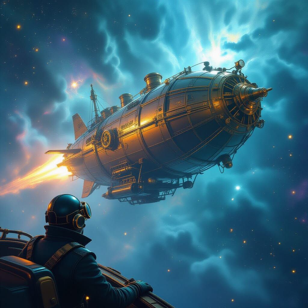 Steampunk Airship Pilot Navigates Cosmic Nebula