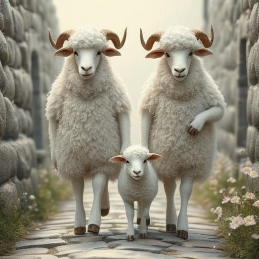 Ethereal Sheep-Human Figures Walk with Lamb in Pastel Landsc...