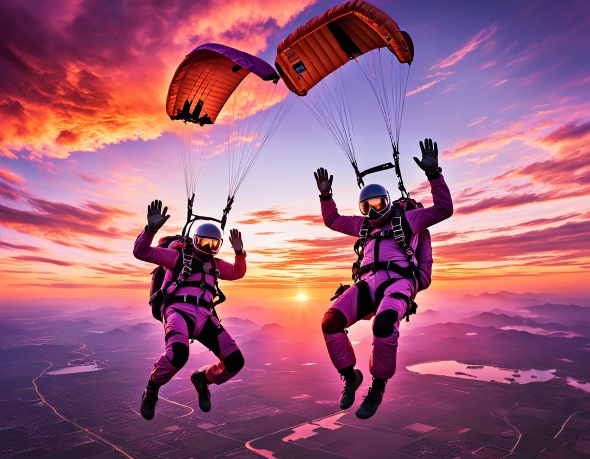 Skydivers in Freefall at Sunset: Digital Art