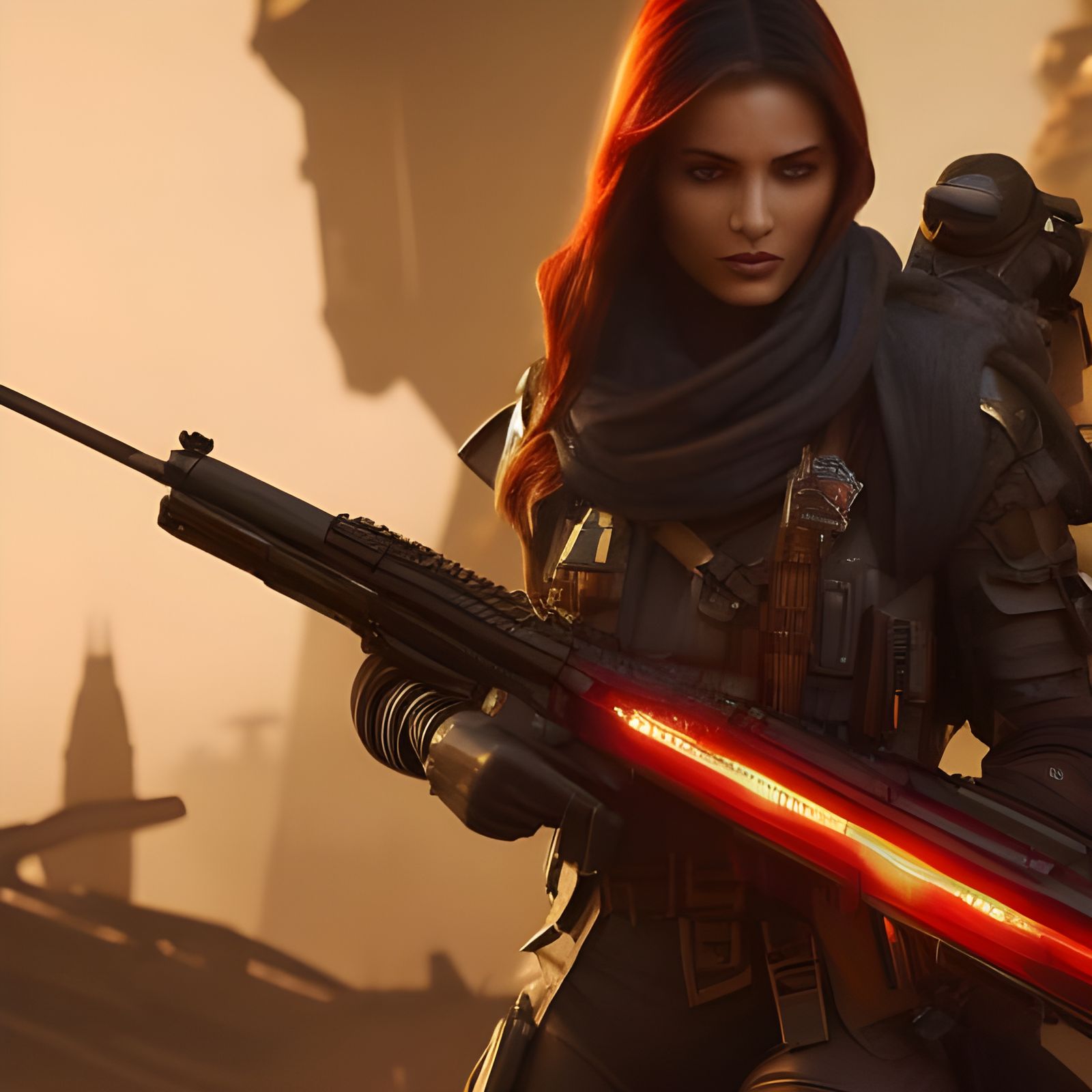 Sci-Fi Rebel Girl Portrait in Gold and Red Hues