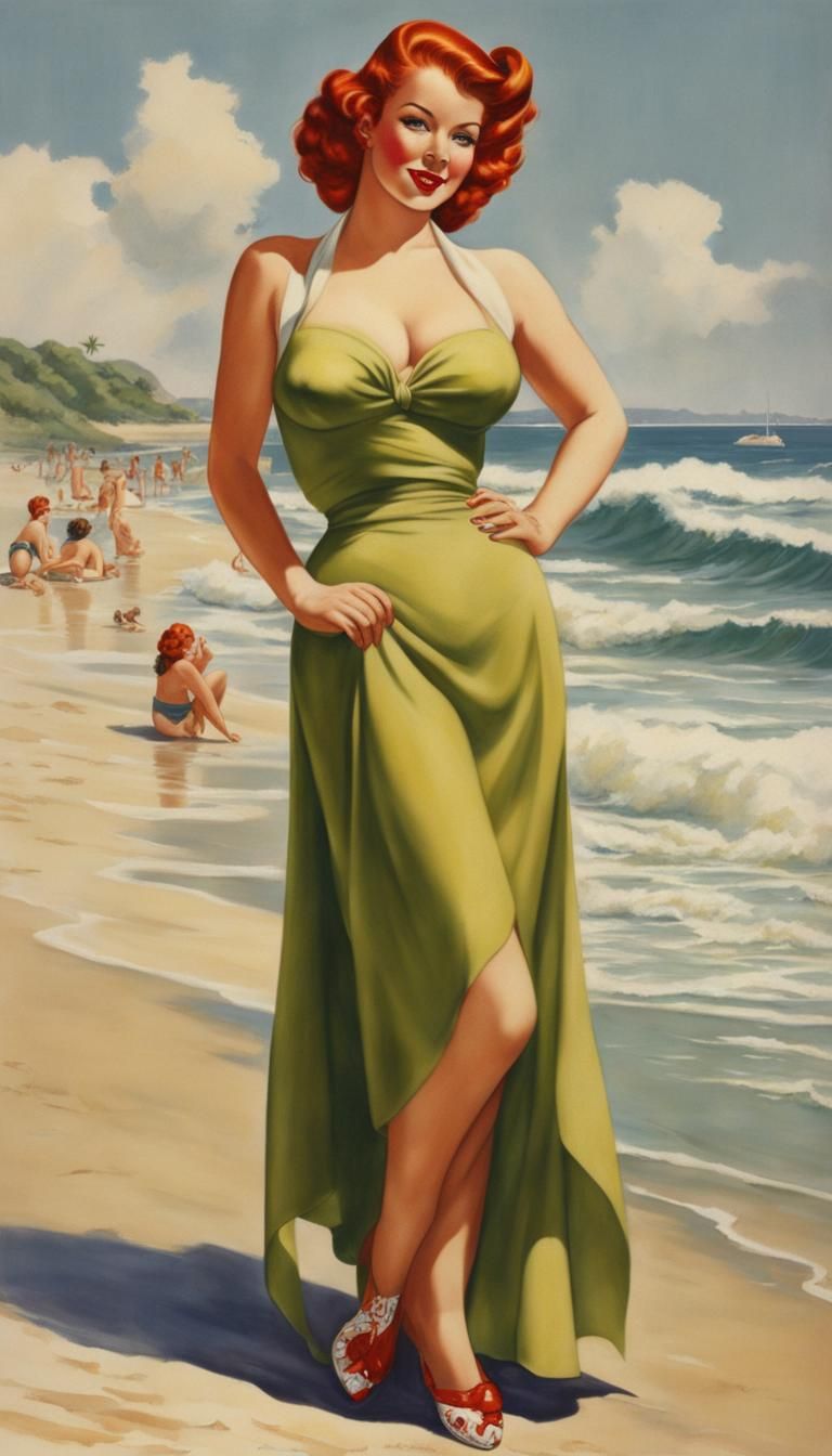 Vintage Pin-Up Girl on Beach in Vargas Style