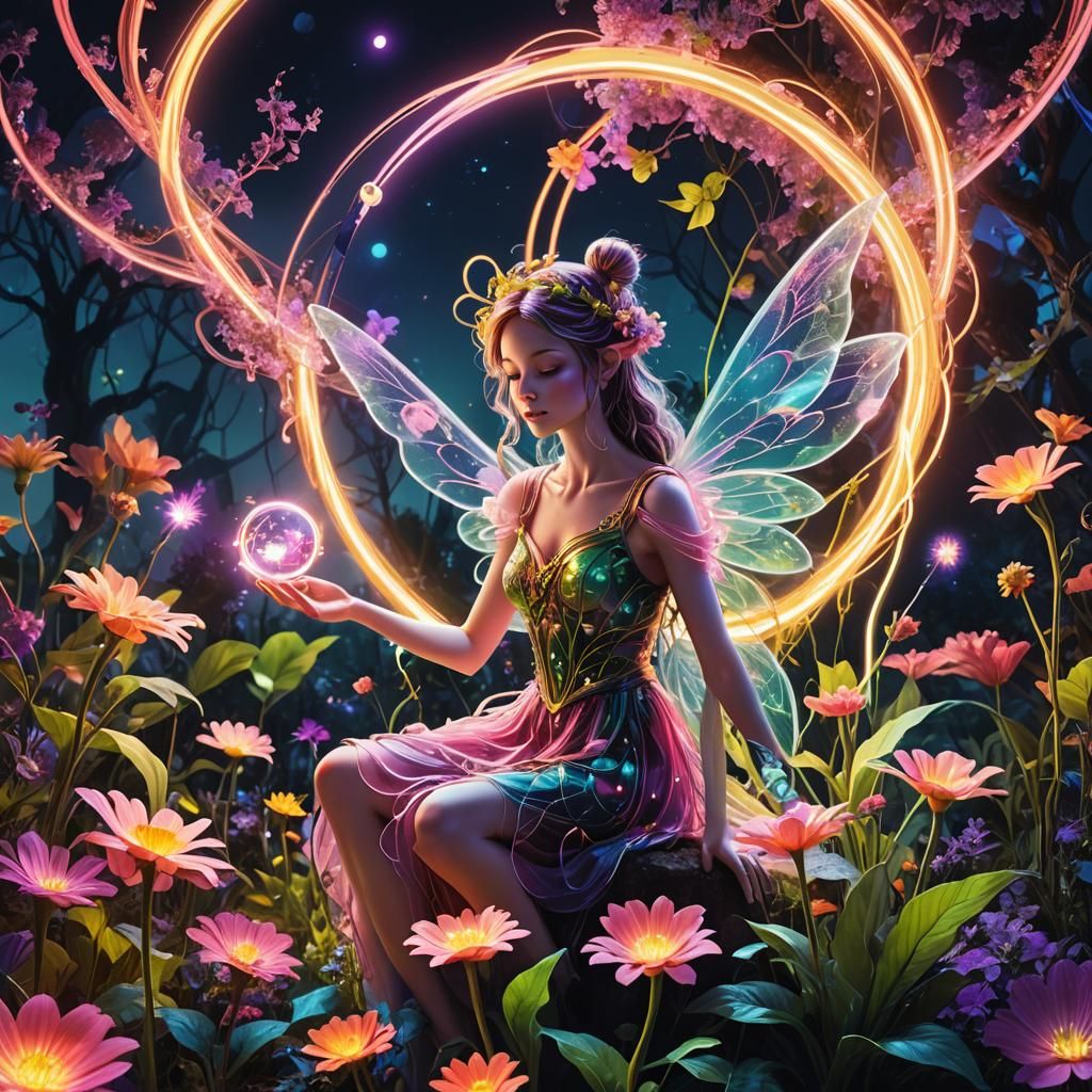 Neon Fairy Garden on a Ringed Planet