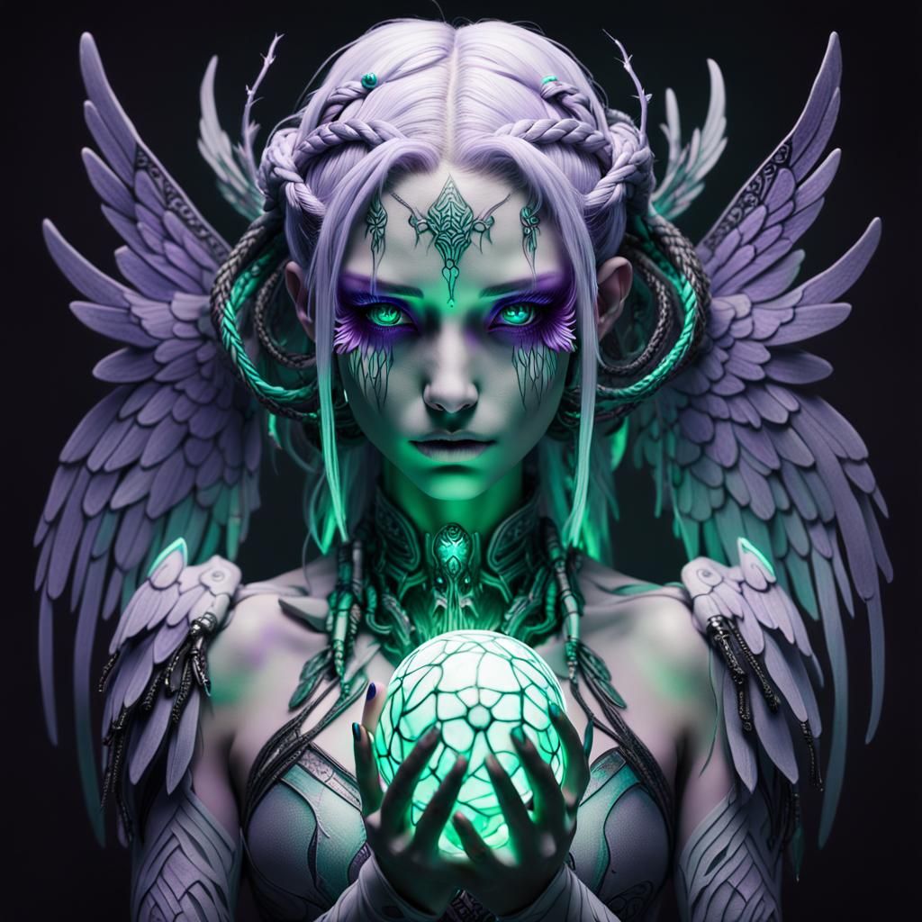 Cyborg Angel with Bioluminescent Orb in Gothic Art