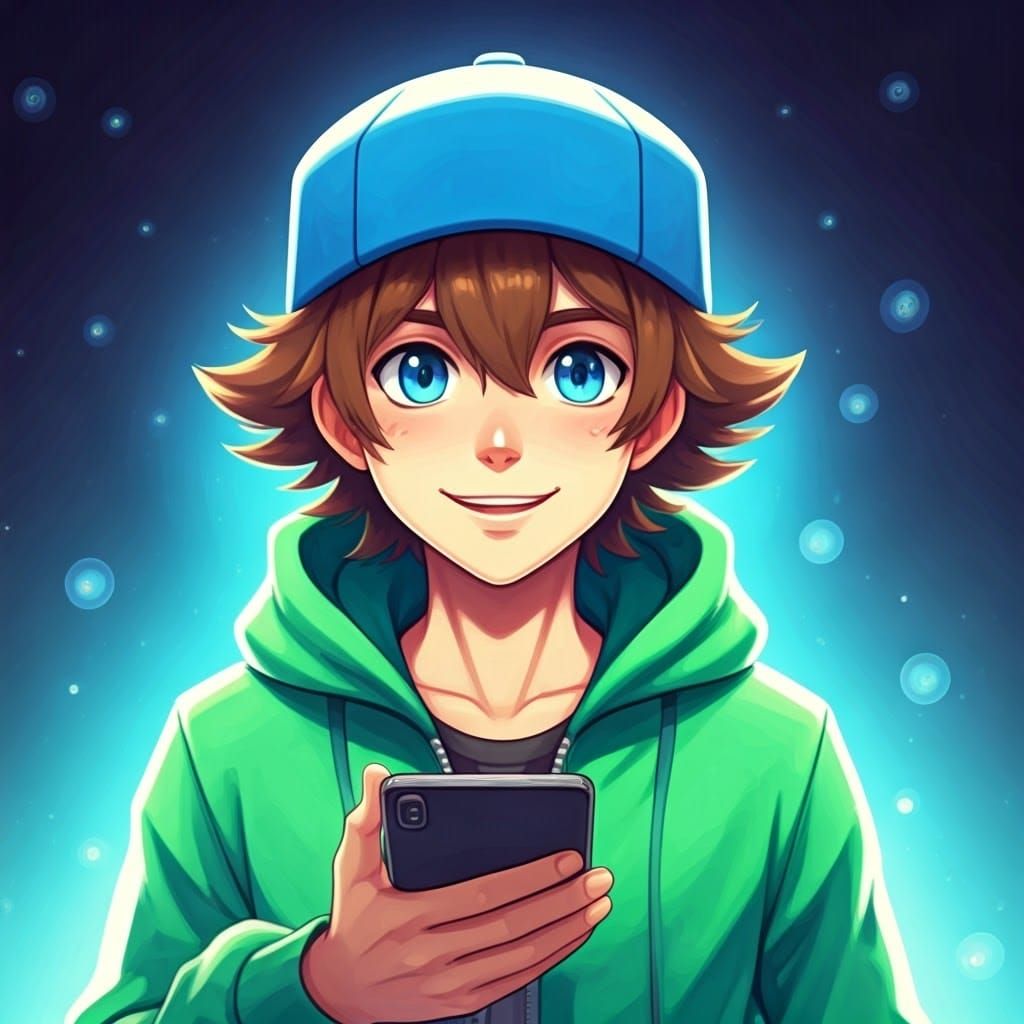 Happy Pokemon Trainer Reading Messages in Whimsical Style