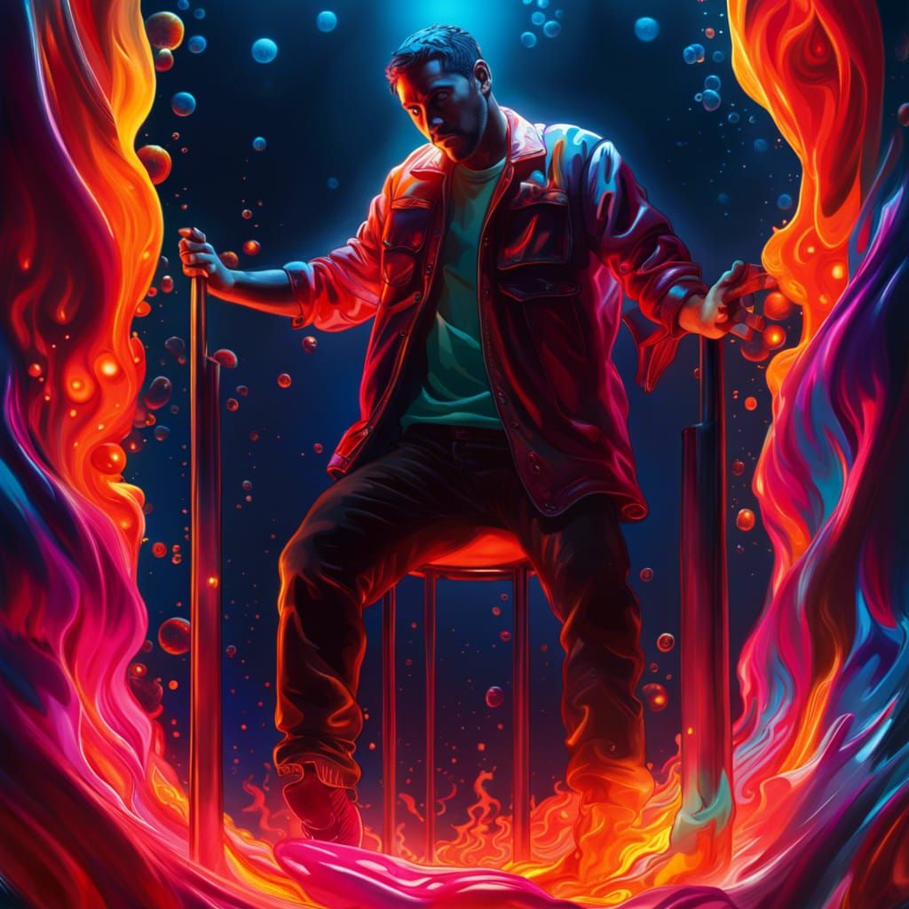 Man Trapped in Lava Lamp: Hyperrealistic Splash Art