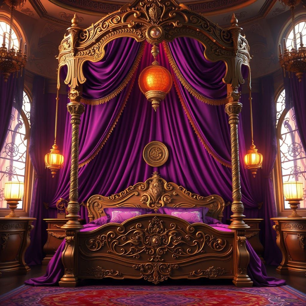Luxurious Canopy Bedroom in Vibrant Purple and Gold