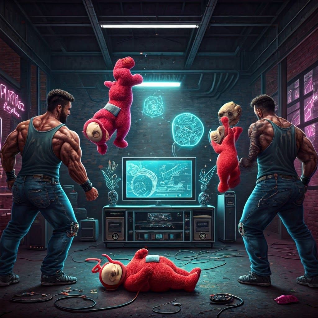 Brawny Men Disassemble Teletubbies in Futuristic Industrial ...