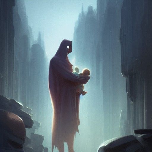 Cloaked Man and Child in Godrays