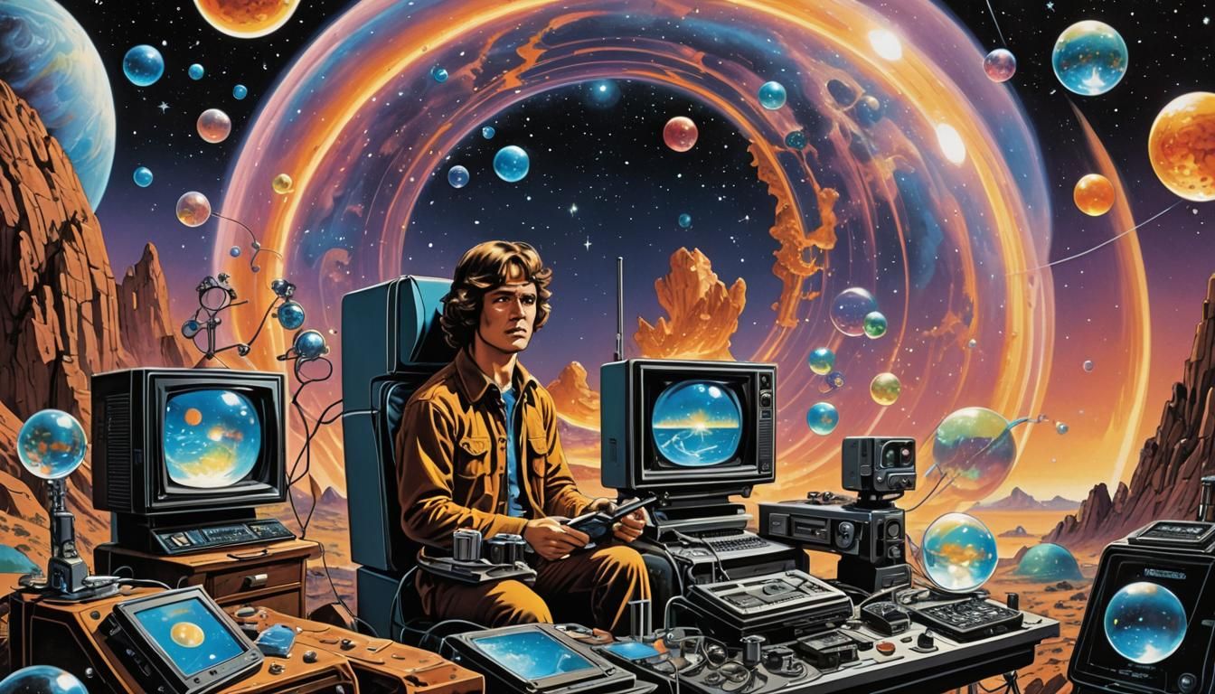 Retro Tech Magazine Cover with Crystals and Bubbles