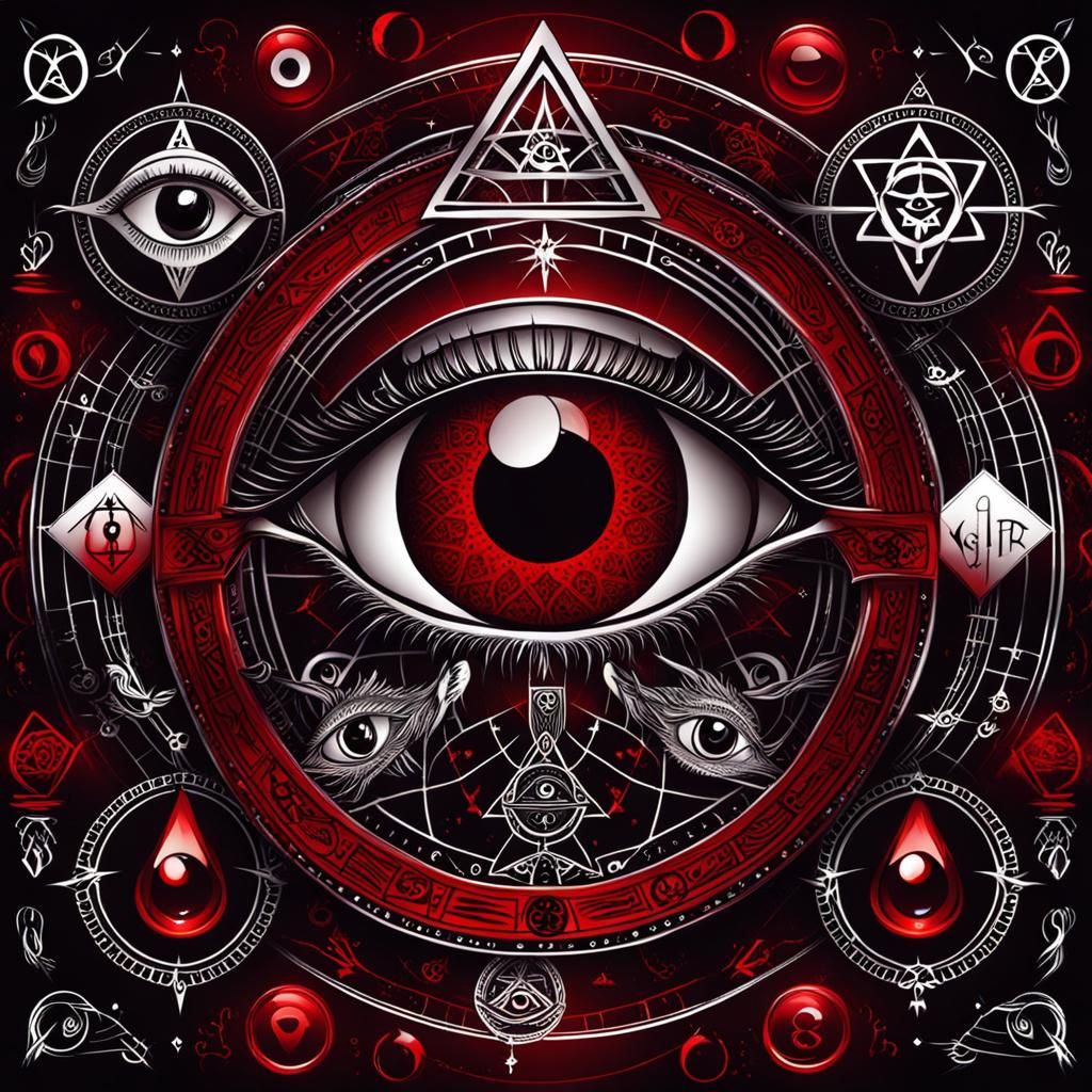 Red Manicure with Occult Eye Symbols