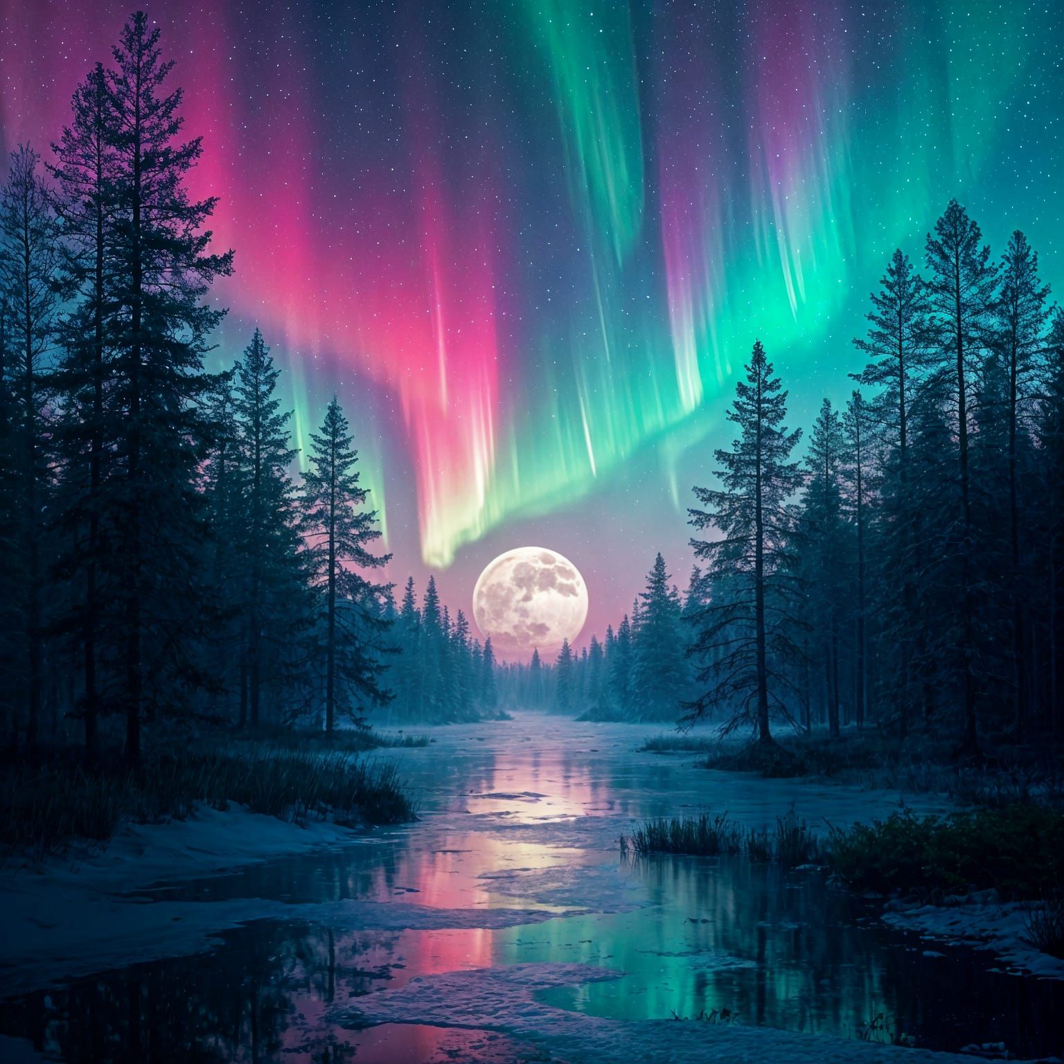 Fluorescent Northern Lights Over Moonlit Woods