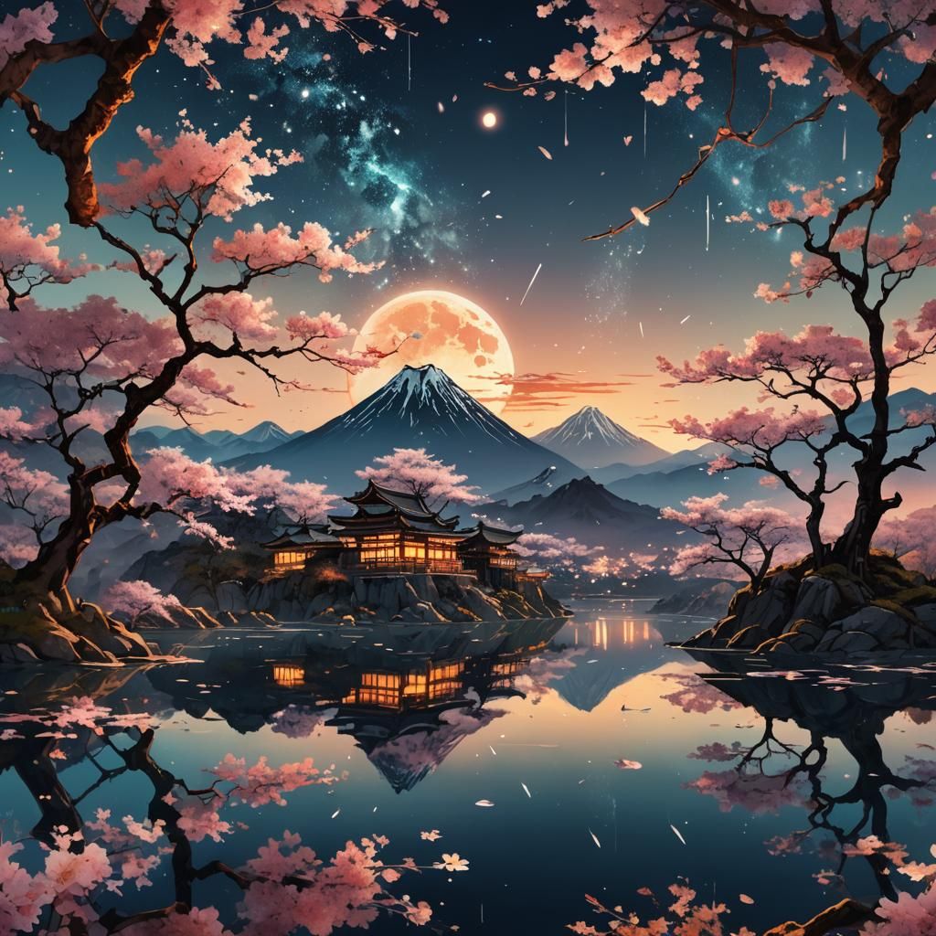 Glowing Sakura Flowers Silhouette in Chinese Ink Painting