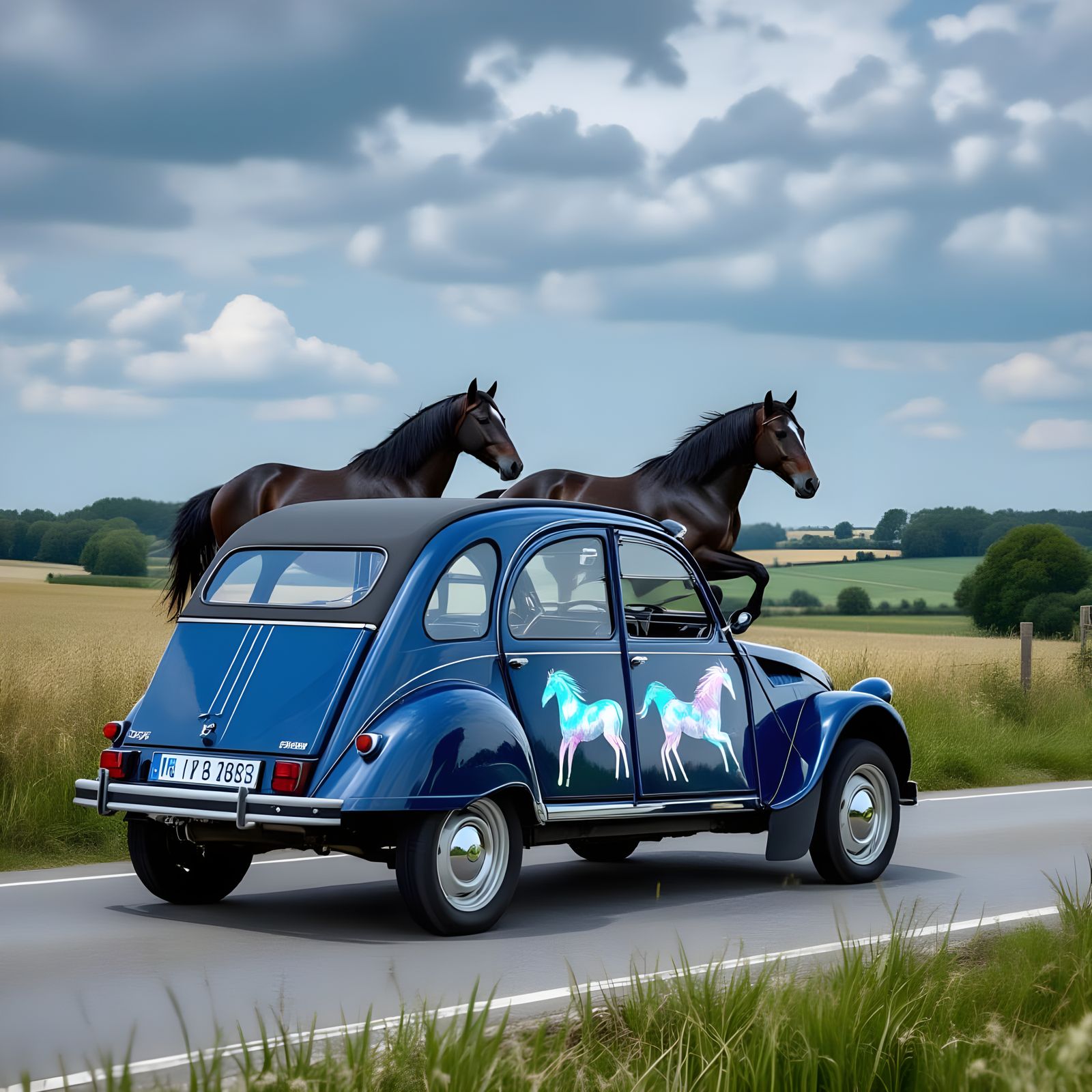 Citroen 2CV with Wild Horses on French Country Road