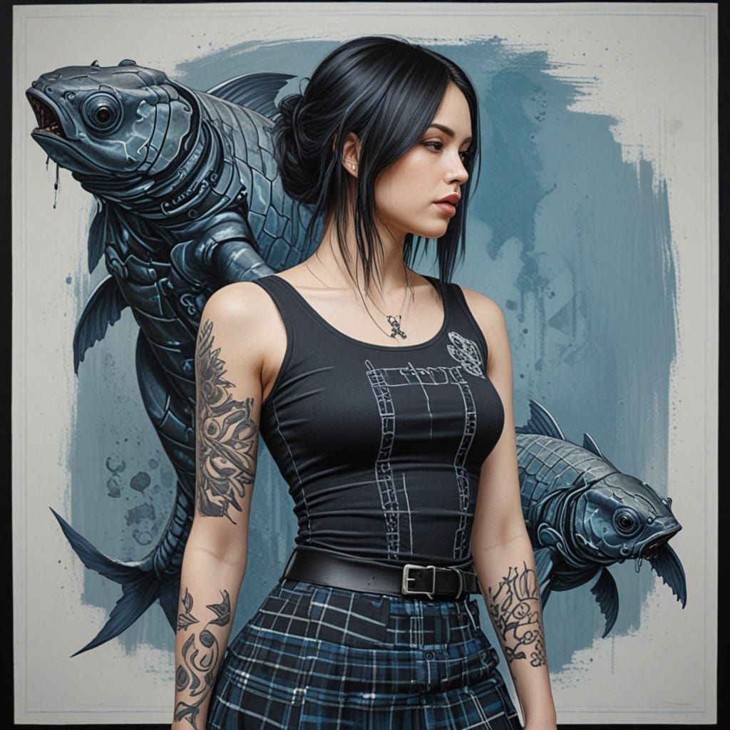 Cyborg Woman Oil Painting with Koi Tattoos