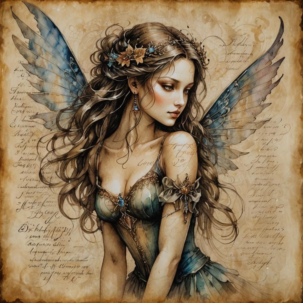 Stunning Fairy with Calligraphy Wings on Papyrus