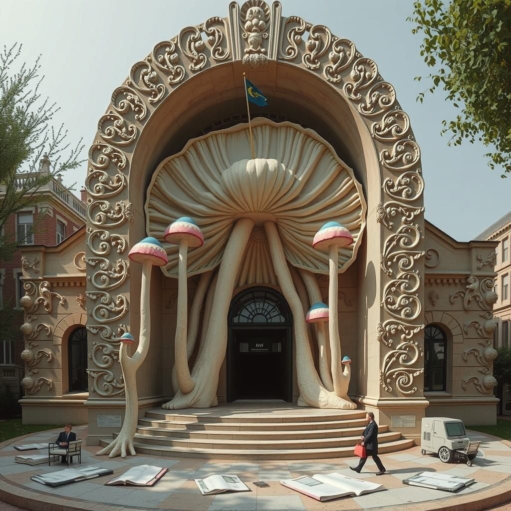 Bureaucratic Office Scene Transformed by Hyperreal Mushrooms