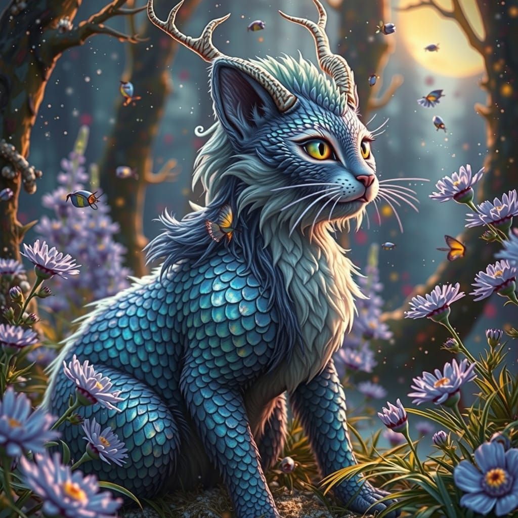 Mystical Dragon-Cat Amidst Winter Aster Field