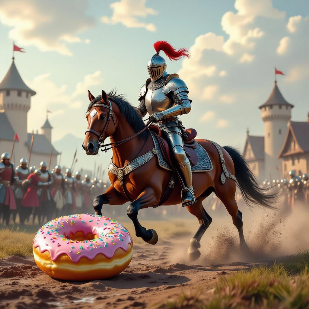 Knight's Heroic Pose Fails Over Giant Jelly Donut