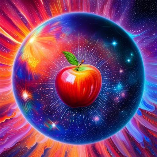 Cosmic Glass Apple: Holographic Astral Illustration