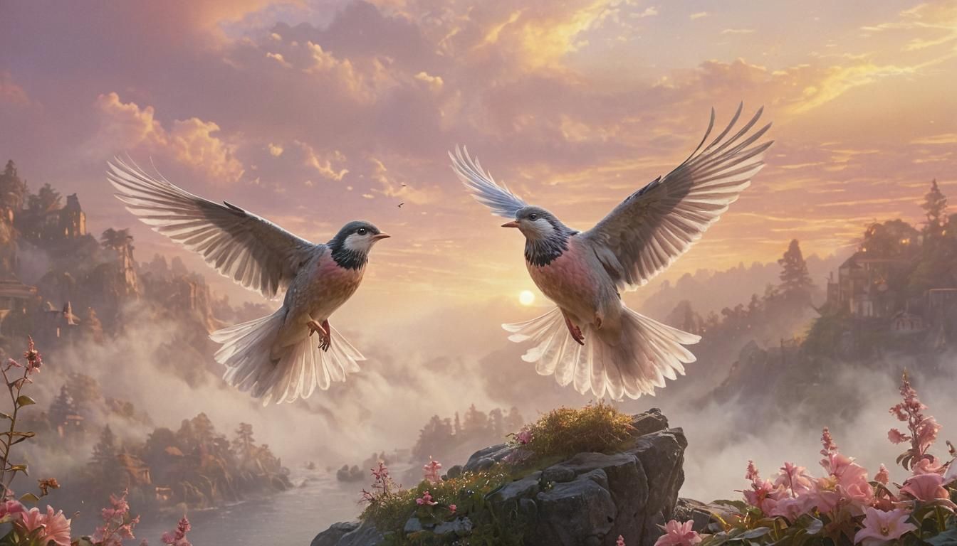 Bird in Misty Sunrise: Ethereal Digital Art