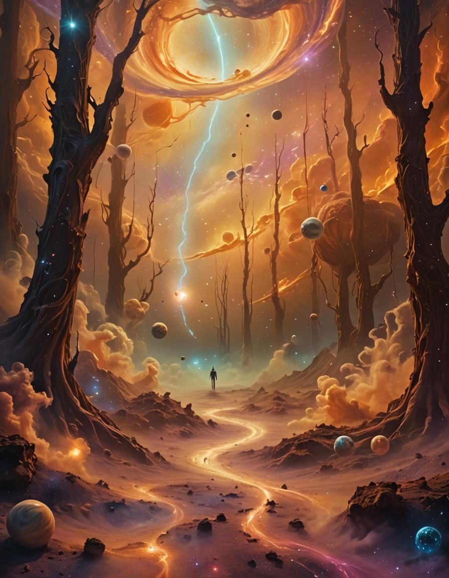 Surreal Figure Floating in Cosmic Dreamscape