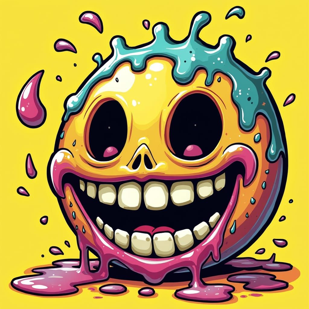 Grinning Cartoon Skull Exposed in Vibrant, Chaotic Meltdown