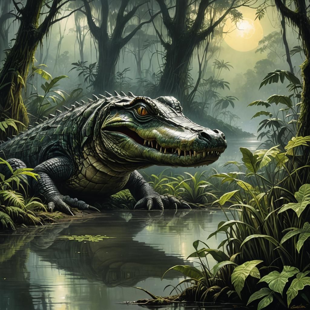 Alligator in Misty Amazon Rainforest, Romantic Sketch