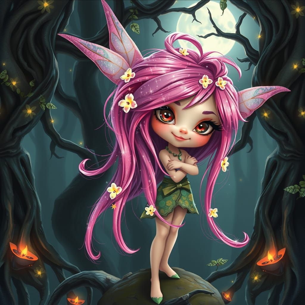 Enchanted Pixie Girl in Whimsical Dark Forest